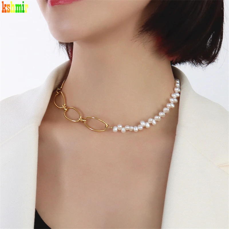 

kshmir Fashion copper metal freshwater pearl patchwork necklace Women's choker fashion jewelry irregular pearl necklace