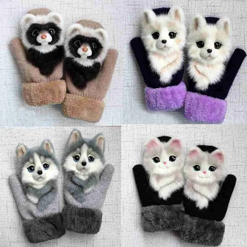 

New Animal Cat Dog Owl Wolf Design Gloves Kid Winter Warm Gloves 22cm Long Cute Girl Mittens Full Fingers Fashion Women Gloves