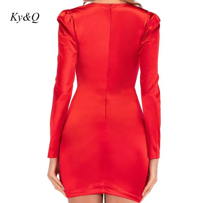 

Sexy Solid Red Satin Puff V Neck Long Sleeve Bodycon Women Elegant Silk Autumn Club Party Dress Wrap Fold Mini Dresses Vestidos