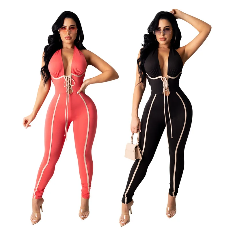 

Summer Clothes for Women Wholesale Items Sexy V Neck Lace-up Mid Waist Backless Sleeveless Bodysuit Casual Jumpsuit Dropshipping