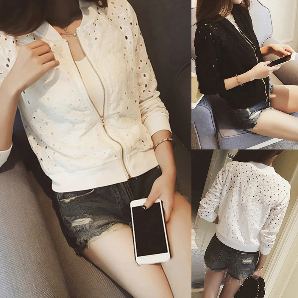 Осенняя модная женская однотонная кружевная куртка с длинным рукавом пальто на