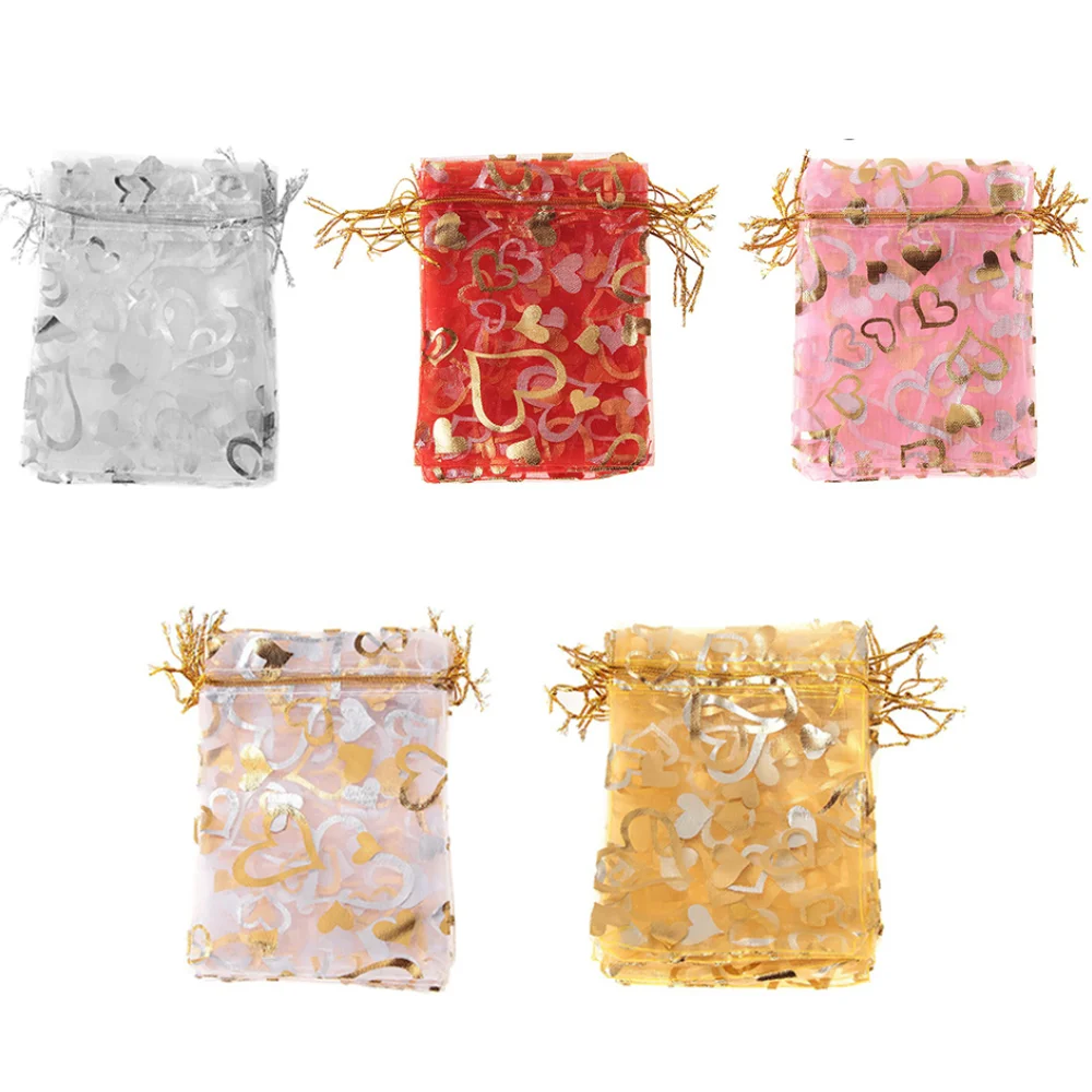 

10pcs Jewelry Bags Gift Bags Gauze Sachet Fabric Tulle Sheer Gauze Organza Wedding Pouches Drawstring Package Candy Heart Design
