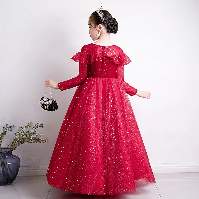 

2020Autumn Winter Elegant New Style Children Girls Long Sleeves Wedding Party Ceremony Festivals Dress Kids Piano Costumes Dress