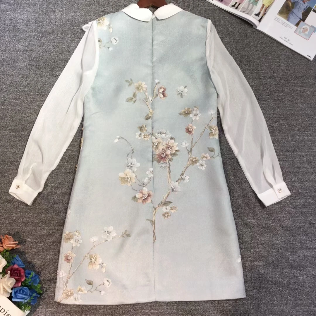 

Women Runway Dress Lace Sleeve Peter Pan Collar Pink Flower Crystal Diamond Vintage Prom Robe Mujer Festa Vestido