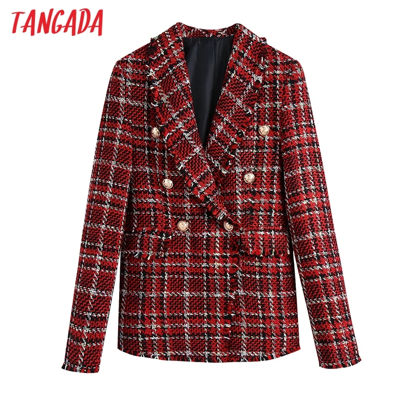 

Tangada Women Red Plaid Tweed Blazer Female Long Sleeve Double Breasted Elegant Jacket Ladies Blazer Suits BE256