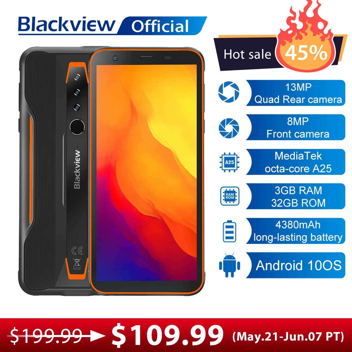 BLACKVIEW BV6300 3GB+32GB Smartphone 4380mAh Android 10 Mobile Phone 5.7 inch HD Screen NFC IP68 Waterproof Slim Rugged Phone