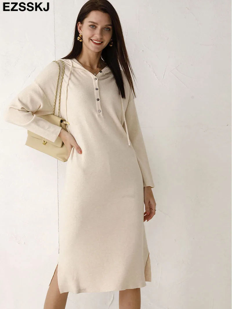 

Женское длинное свободное платье-свитер с капюшоном, теплое длинное вязаное прямое Платье-Свитер оверсайз с длинным рукавом, осень 2021