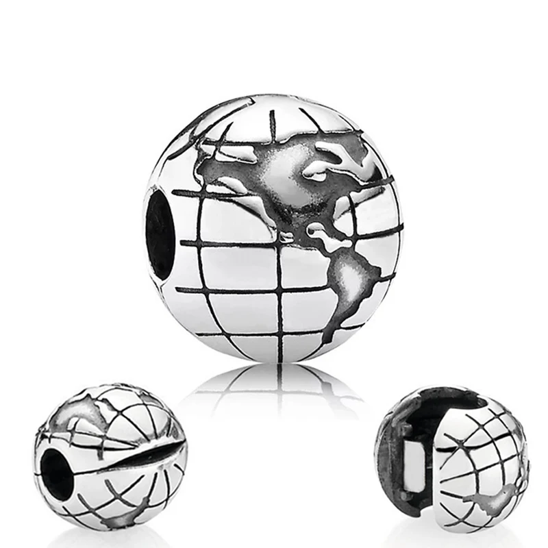 Open Clip Stopper Globe Beads for Women Jewelry Fit Original Pandora Charm Bracelet World Map Clips Pulsera Fine Accessories DIY