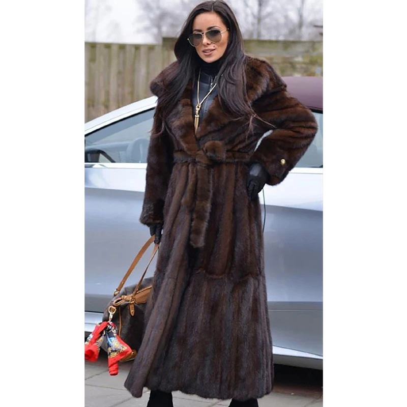 120cm Long Women Real Mink Fur Coat With Hood Winter Fashion Pelt Genuine Mink Fur Jacket With Belt Trendy Fur Coats Luxury