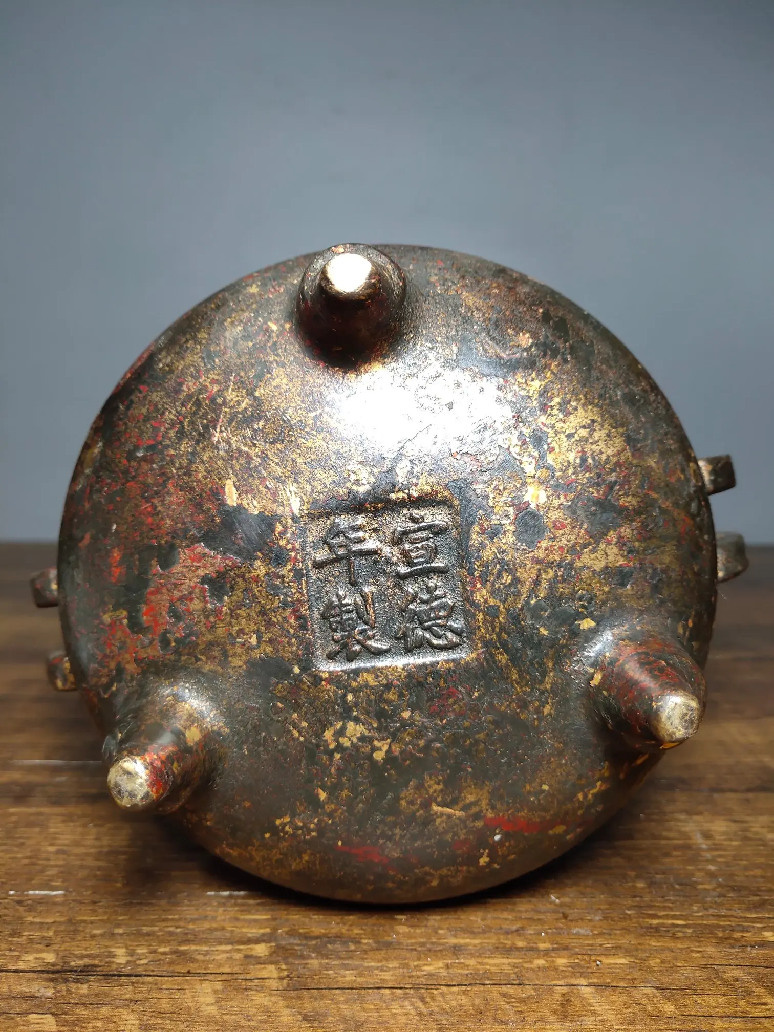 

Home Decor 7" Tibet Buddhism Old Bronze Cinnabar Three-legged incense burner Wishful Binaural incense burner Enshrine furnace