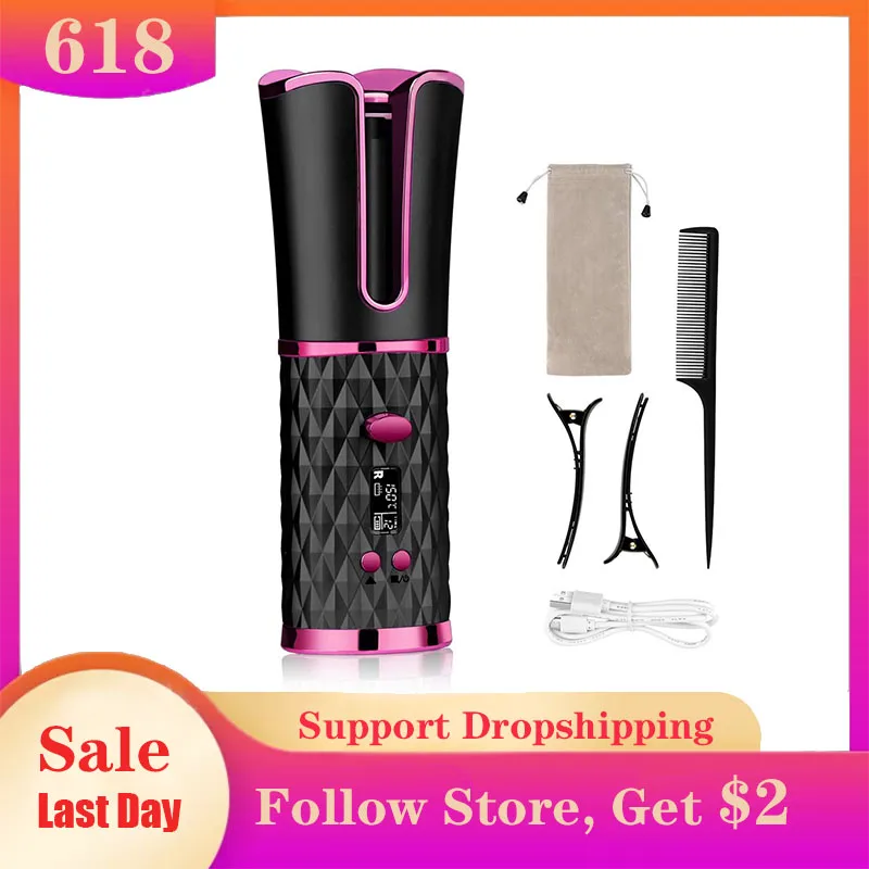 

Hair Curler Cordless Automatic Curling Iron Tongs Electric Rotating with Battery Heat Temperature Adjustable Curling Iron