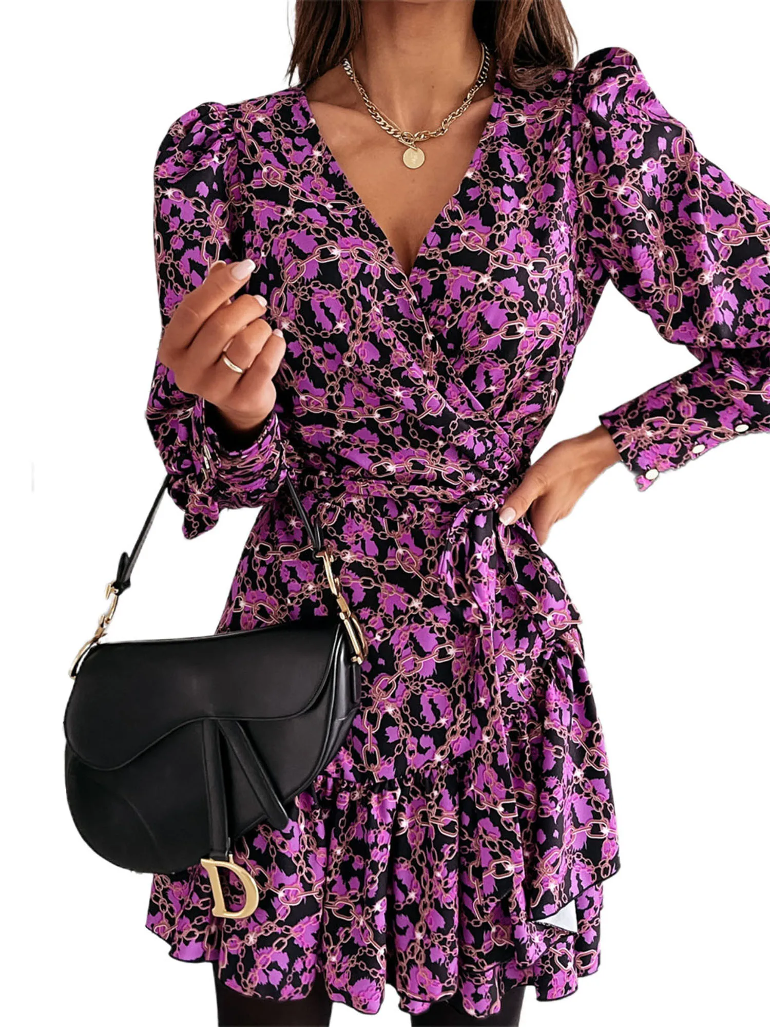 

2021 New Women Long Sleeve Dress with Belt Decoration, Ruffle Hem Decoration Sexy V-neck Spring Clothing