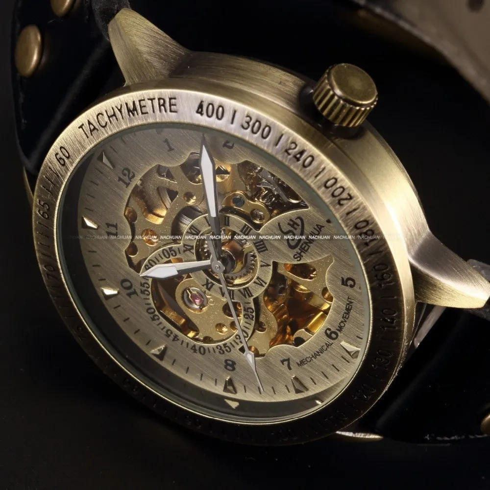 Мужские автоматические часы скелетоны SHENHUA винтажные бронзовые механические с