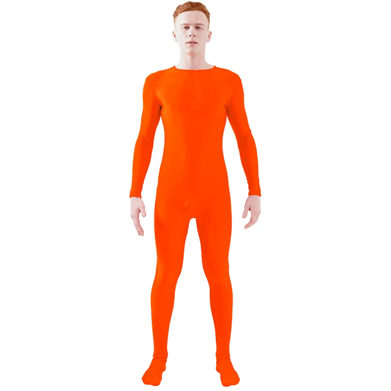 Fluorescent Orange Ensnovo, блестящий комбинезон на молнии, Zentai, колготки для всего тела для мужчин, боди на заказ, костюм из цельного спандекса с длинным рукавом - Цвет: Fluorescent Orange