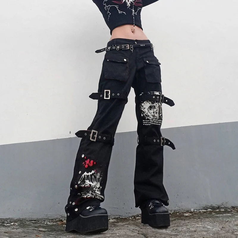 

Eyelet Buckle Black Punk Goth Jeans Woman Techwear Dark Academic Print E Girl Cargo Pants Low Waist Denim Trousers