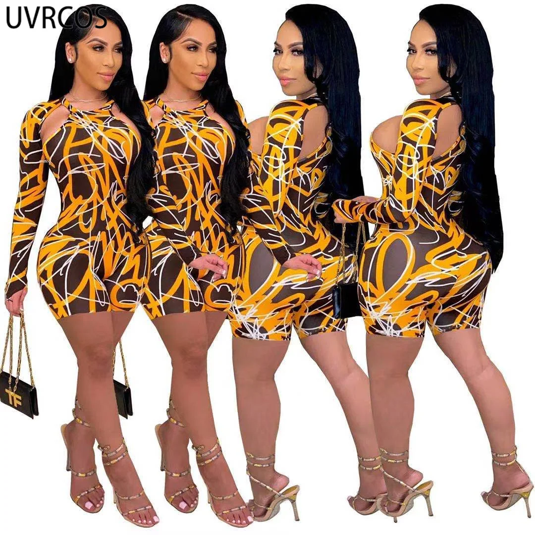 

UVRCOS Overalls For Women 2021 Summer Birthday Outfits Short Jumpsuit New Fashion Elegant Off Shoulder Hollow Out Party Rompers