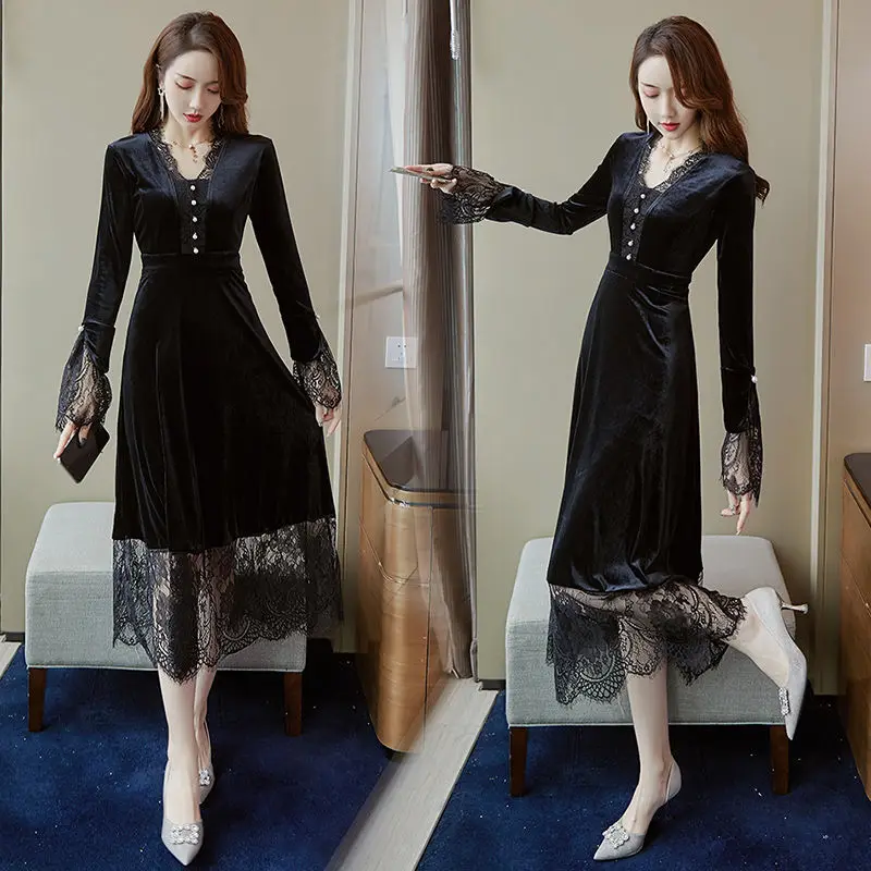 

Womens Elegant Fashion Dress Ladies 2020 Autumn Spring Lace Fairy French Party Office Causal Solid Sexy V Neck Dresses E148