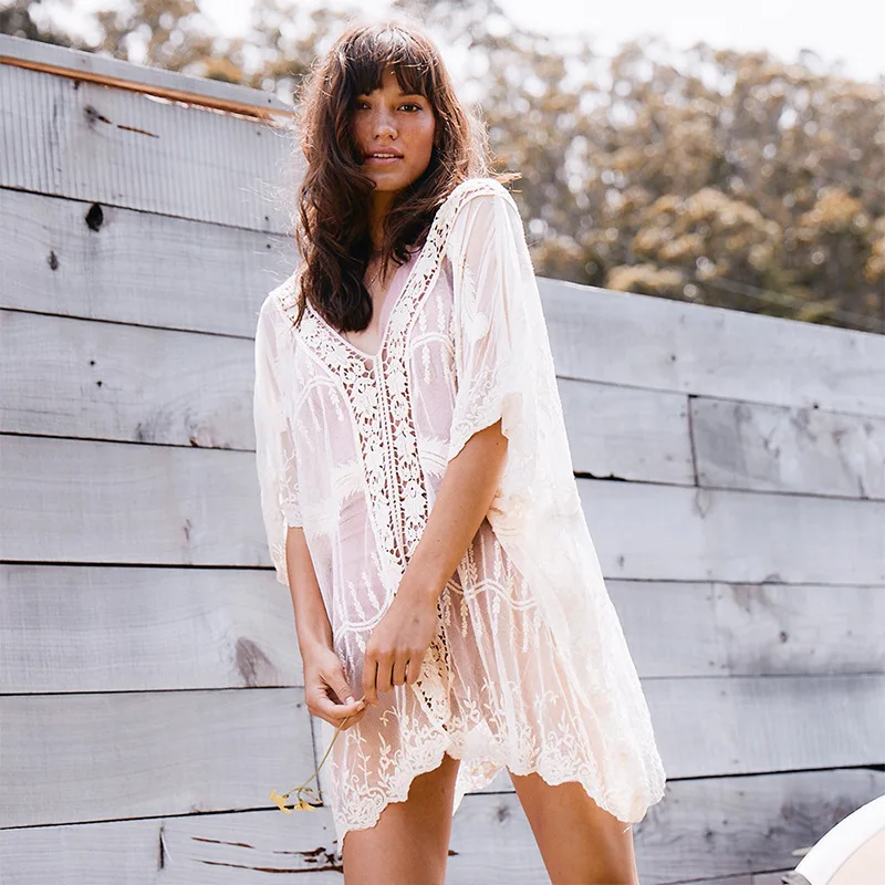 

Beach Vacation Lace Skirt Embroidered Hollow Mesh Shawl Beachwear Dress