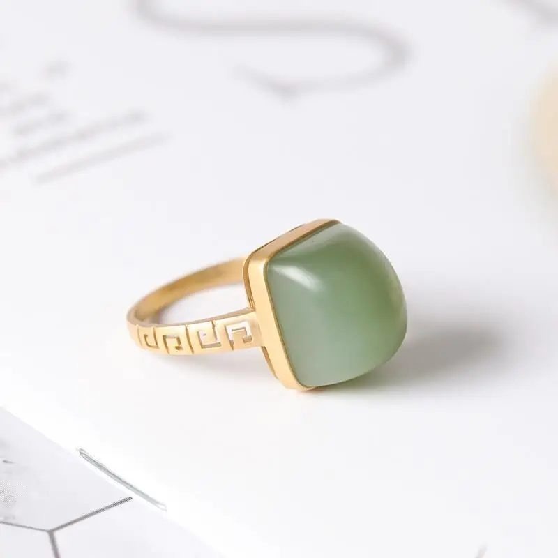 

Natural Hetian jade convex geometric open ring Chinese style retro palace hollow pattern women's silver jewelry