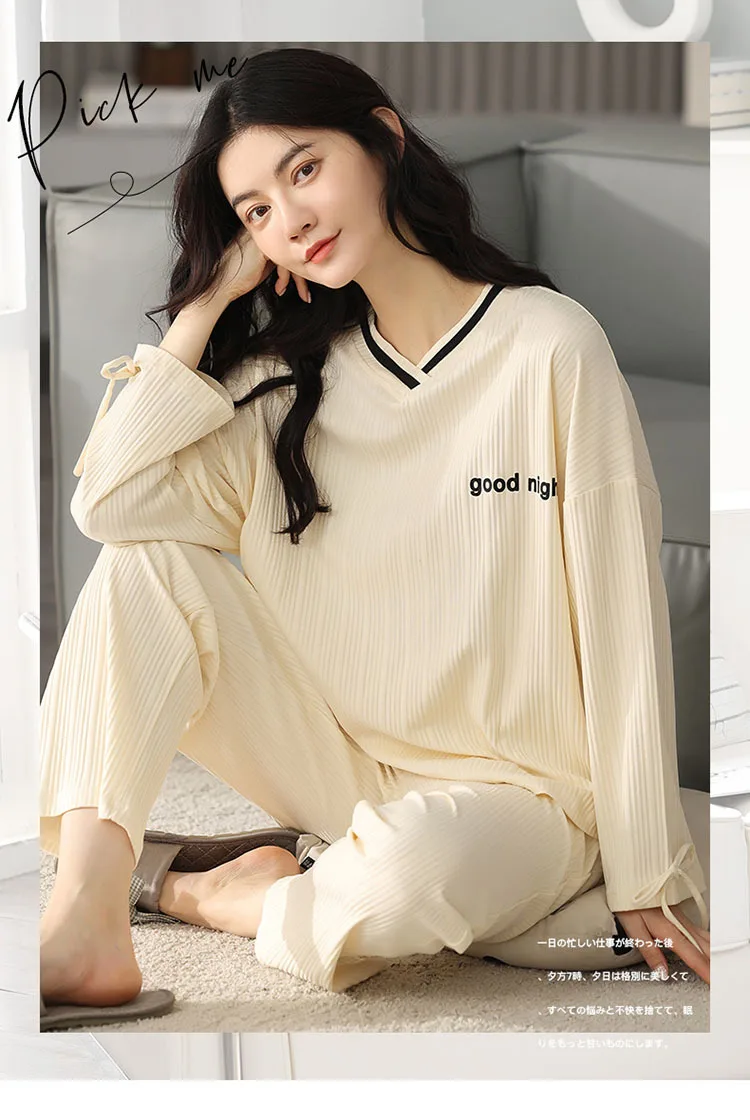 Pajamas Women's Long Sleeved Cotton Simple Leisure Suit Lady Home Clothes 2Pcs Set Sleepwear Female Nightwear Nightgown