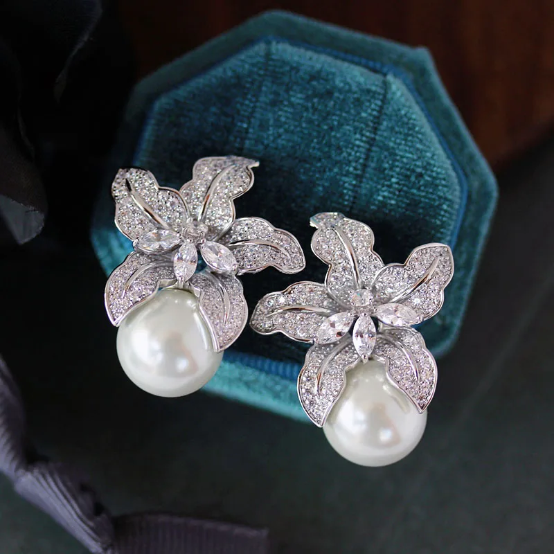 

Top Quality Fashion Gorgeous Royal AAA Cubic Zironia Maple Big Leaf Pearl Earrings Women Party Jewelry Wedding Bride Accessories