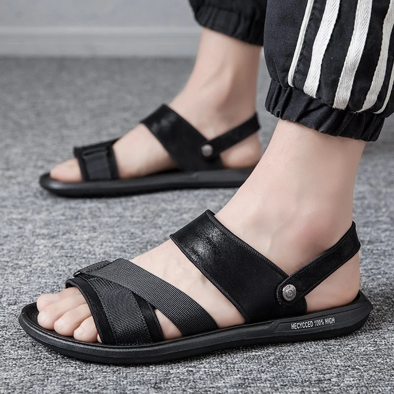 Сандалии мужские дышащие модная пляжная обувь уличные Нескользящие черные