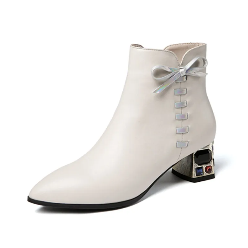 

2020 Genuine Leather crystal High Heels Boots Elegant Wedding Party Shoes Woman Women Winter New Side Zipper Women Ankle Boots
