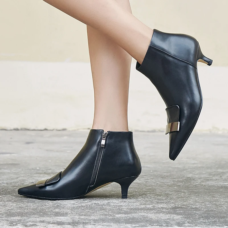 Plus Size 34-43 Genuine Leather Women Shoes Stiletto Thin High Heels Pointed Toe Sexy Leather Belt Buckle Ankle Boots Feminina