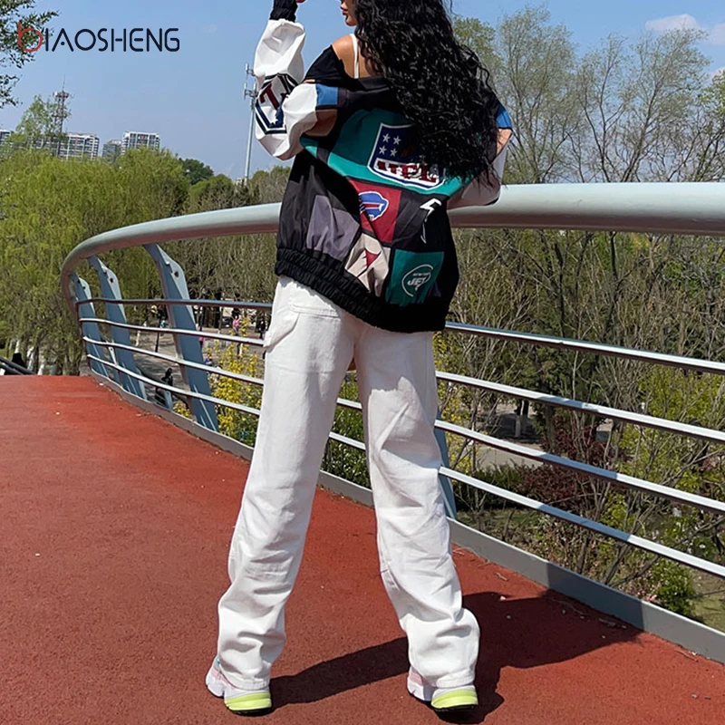 

White Jeans Woman High Waist Mom Jeans Overalls Patchwork Fashion Baggy Straight Blue Denim Cargo Pants Y2k Trousers Streetwear