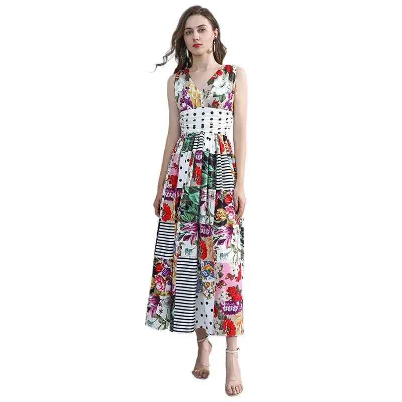 

White V Neck Retro Floral Summer Girls Sling Dresses Women Long Casual Sexy Office Work Robe Femme Bohemian Dress Plus Size