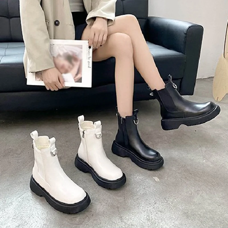 

Mori Girl Literary Handmade Ankle Boots Thick-Sole Chimney Boots Retro Chelsea Booties British Style Big Head Casual Women Shoes