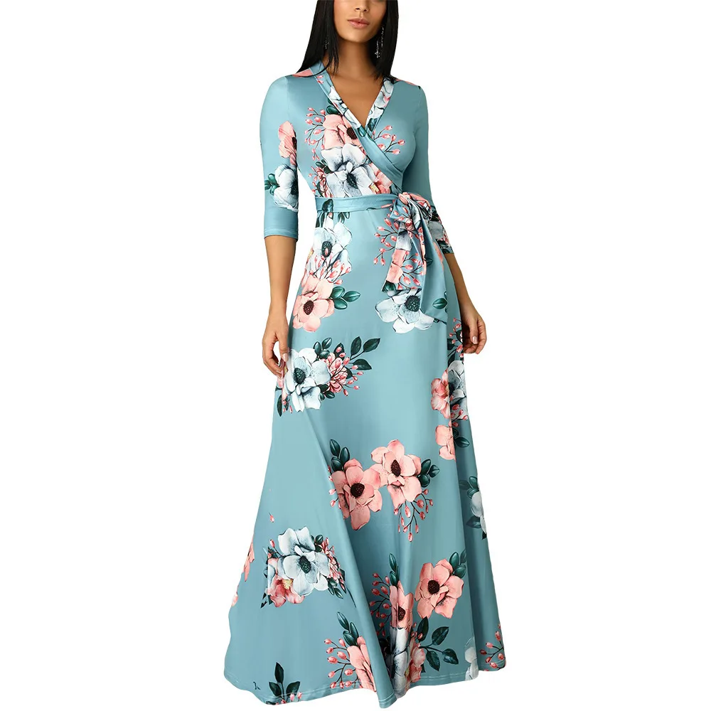 

Dresses Women Summer 2021 European Floral Autumn New Style Three-Quarter Sleeve Printing Beauty Ladies Evening V-Neck Dress