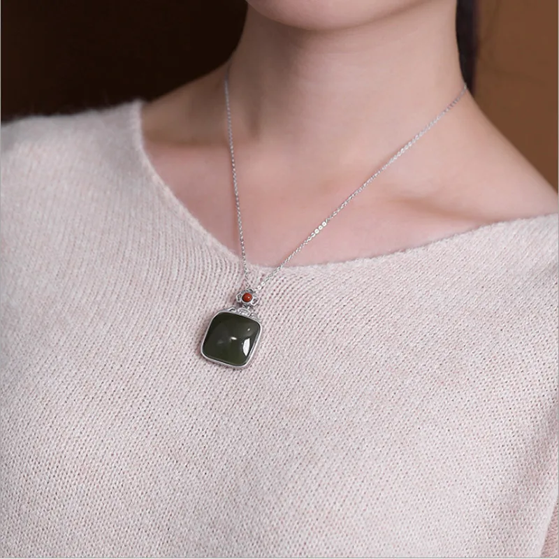 Silver Green Безглицые пустые драгоценные камни, ожерелья для женщин, квадратные подвески из яшмы и нефрита+ цепочки, 925 серебряные драгоценные камни, квадратные ювелирные изделия P1055 - Цвет камня: Silver Green