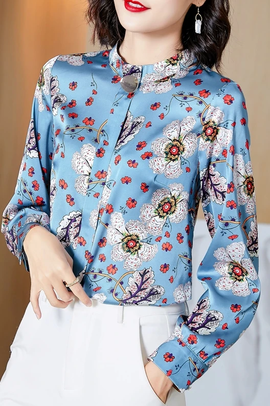

Houthion New Long-sleeved Blouse Polo Collar Korean Printing Wire Leisure Tops Comfortable Fashion Blouses Summer Shirts