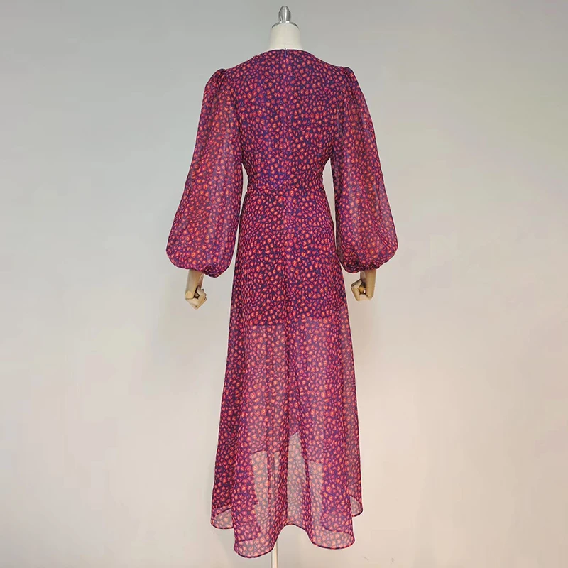 

Vintage Print Dress For Women V Neck Lantern Long Sleeve High Waist Lace Up A Line Midi Dresses Female Summer Style