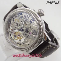 luxury 44mm parnis hollow mens watch luminous hands 17 jewels mechanical 6497 skeleton hand winding movement mens watch