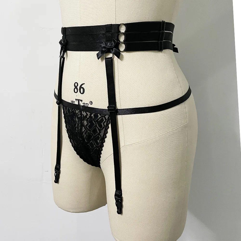 Black Bow Harness Garter Belt Elastic Lace Pantie G-String Sexy Lingerie Hollow Body Cage Goth Rave Bondage Body Harness Garters