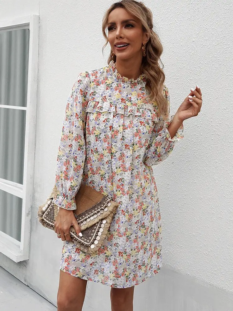 

Женское винтажное платье с оборками, повседневное пляжное шифоновое мини-платье с длинным рукавом в богемном стиле, весна-лето