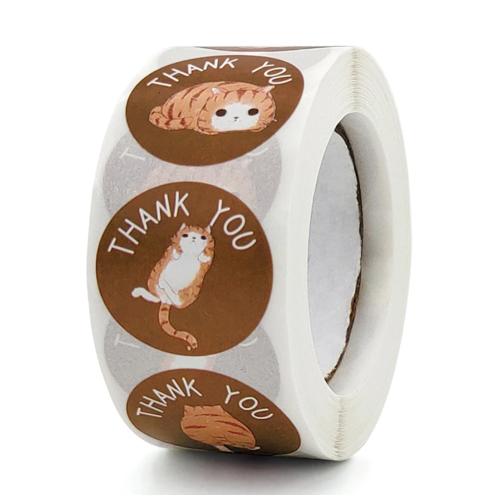 Autocollants ronds de remerciement chat Kawaii  étiquettes adhésives d'animaux de dessin animé pour