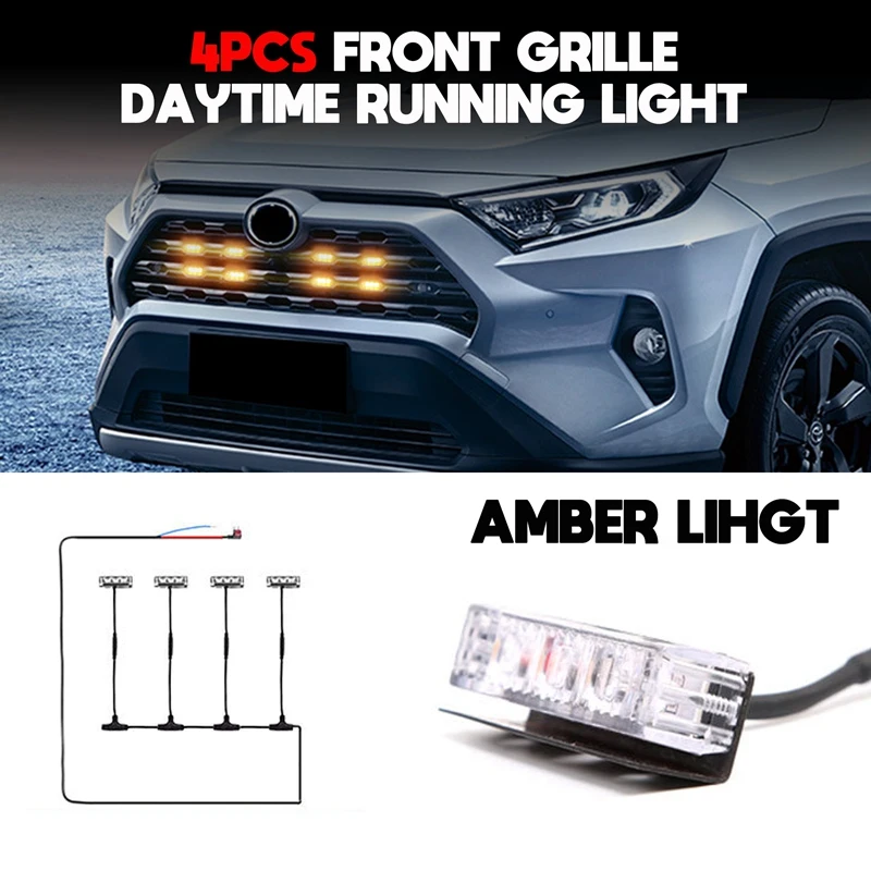 

Светодиодные фары на переднюю решетку радиатора автомобиля, 4 шт., для Toyota RAV4 2020 2021 DRL, наружные габаритные огни на переднюю решетку радиатора