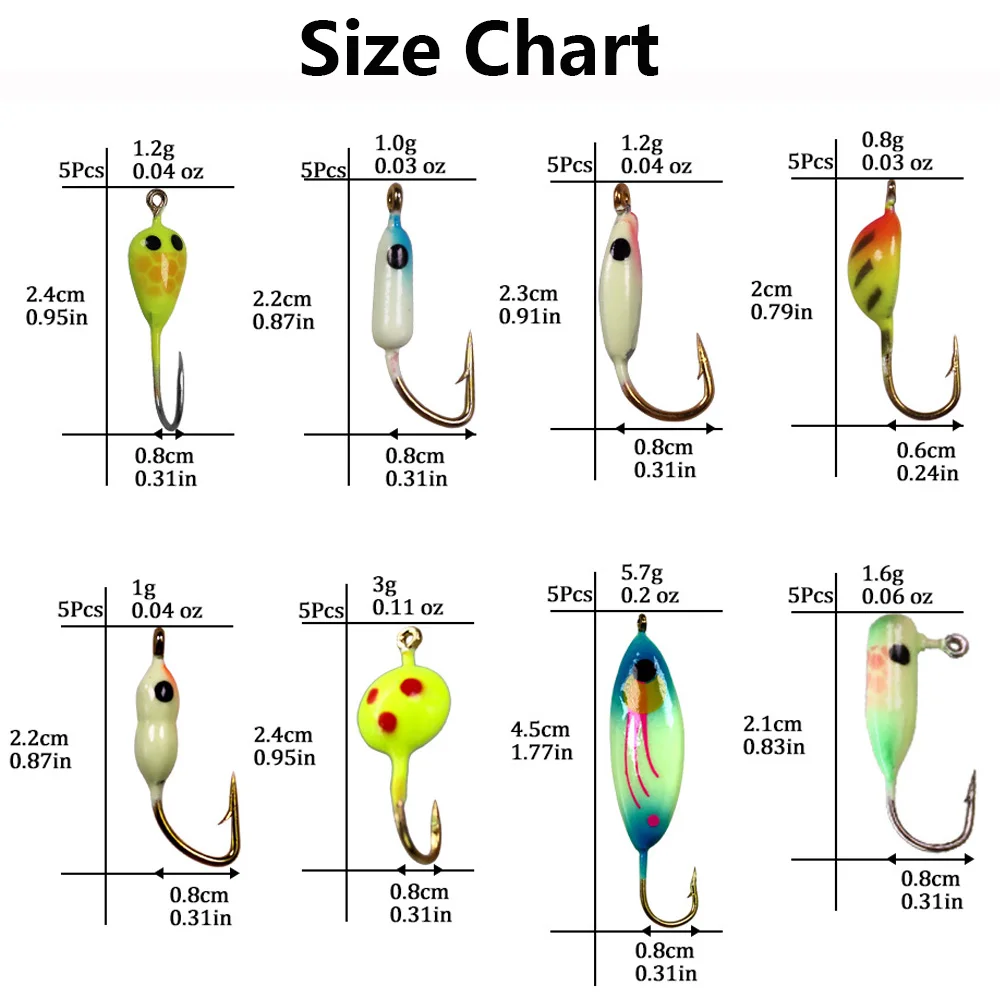 40pcs/box Luminous Ice Fishing Jigs 0.8g-5.7g Winter Lures Kit Lead Jigging Bass Pike Wobbler Bait | Спорт и развлечения