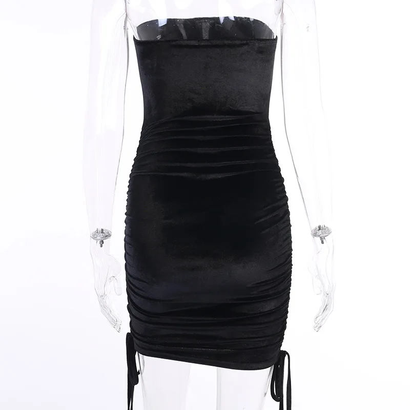 

Elegant Lady Black Velvet Drawstring Tube Dress Summer Sleeveless Backless Slim Fit Tight Chic Women Strapless Sundress