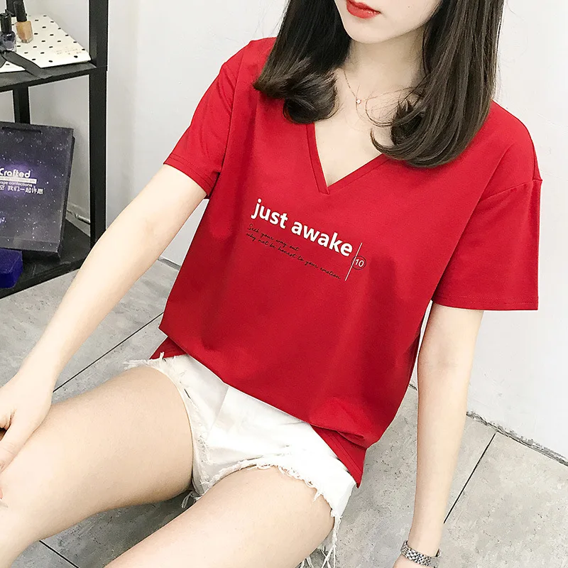 

Korean Version Simple Student Summer White Short Sleeve T-shirt Female V-neck Loose Slub Cotton Versatile T-shirt
