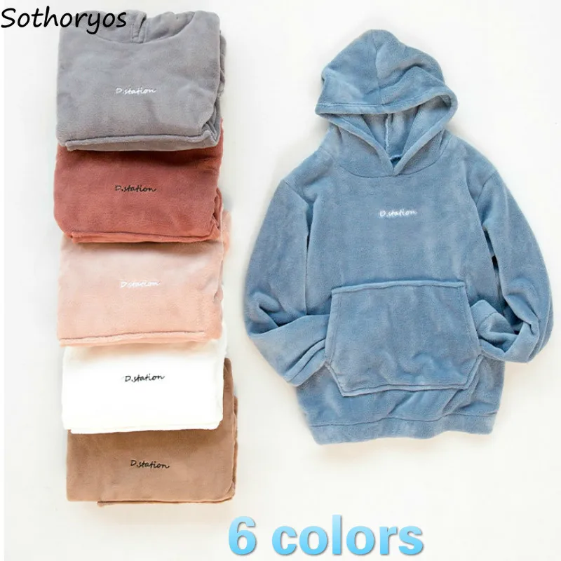 Пижамные комплекты Женские однотонные мягкие коралловые бархатные с капюшоном