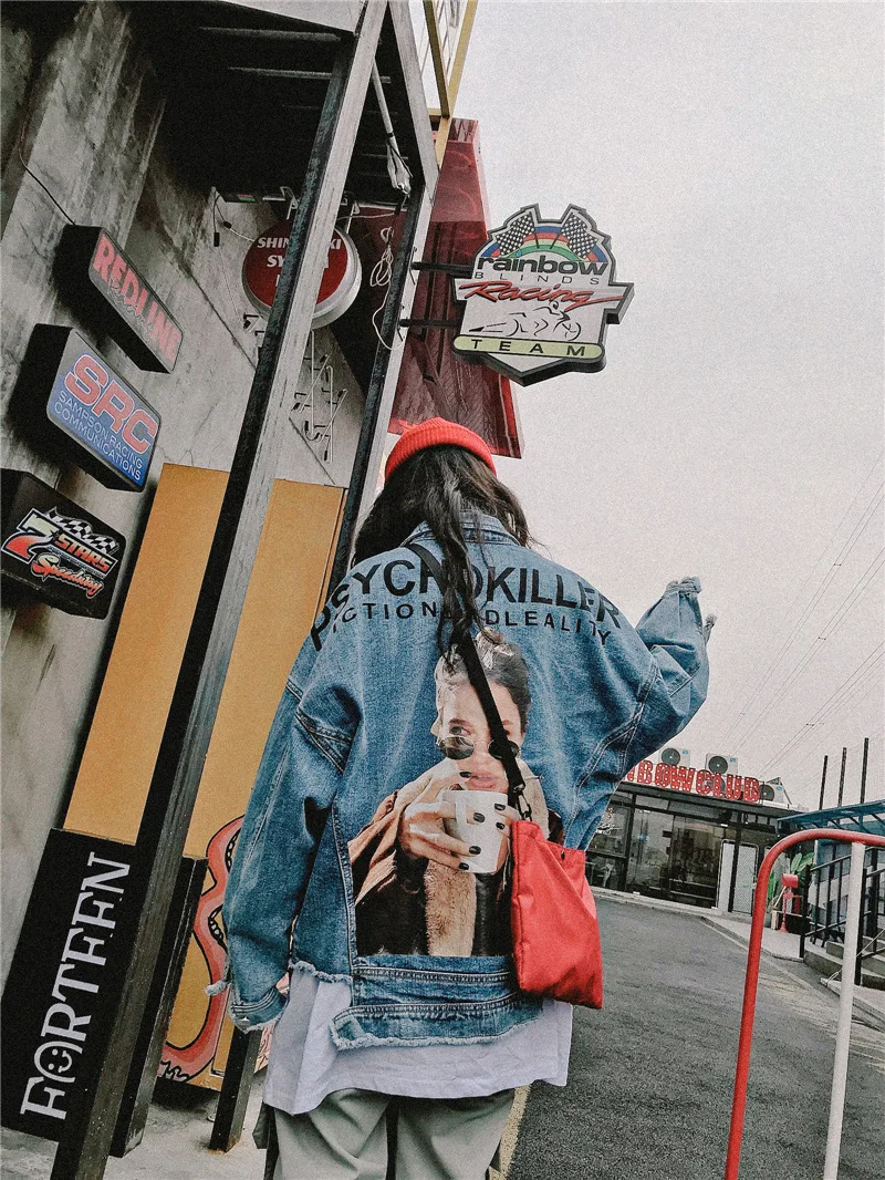 Осенние куртки с длинным рукавом джинсовая куртка Женская мода harajuku prin потертая