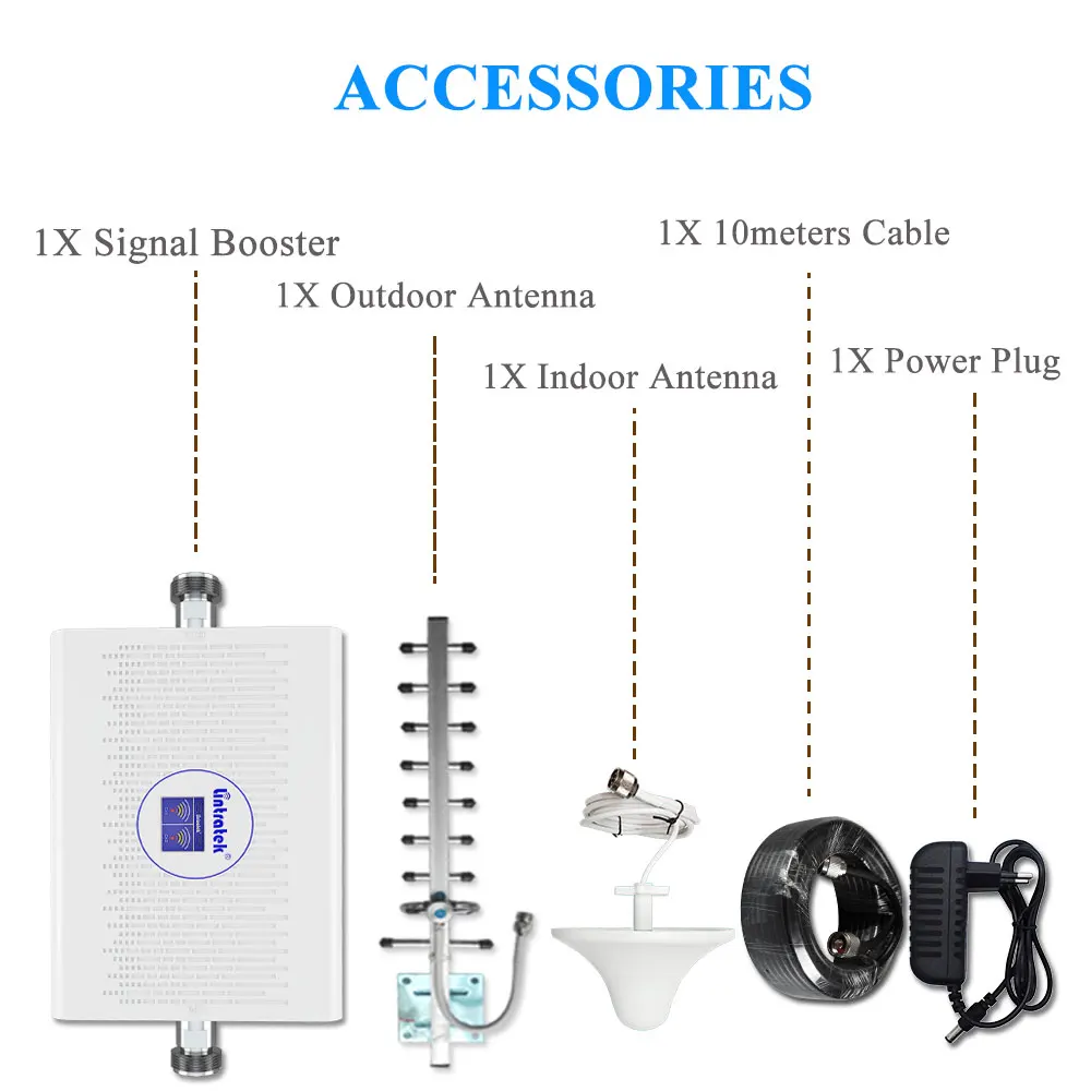 

Lintratek 3G 4G signal amplifier 2100mhz+1800mhz dual band cellular signal repeater 70dB 23dBm ALC AGC cellphone amplifier kit