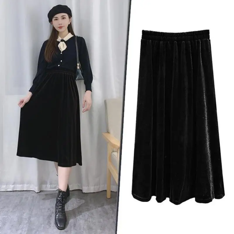

2022Autumn New Simple Black Velvet Skirt Korean Elastic High Waist Slim Casual Temperament Women A-line Long Skirt Free Shipping