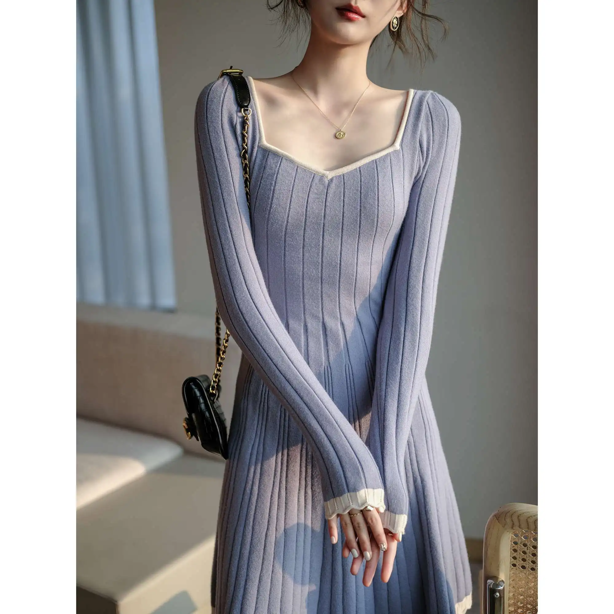 

Knitted Dress Autumn Winter New Sweater Square Collar Skirt Dresses for Women Vestido De Mujer