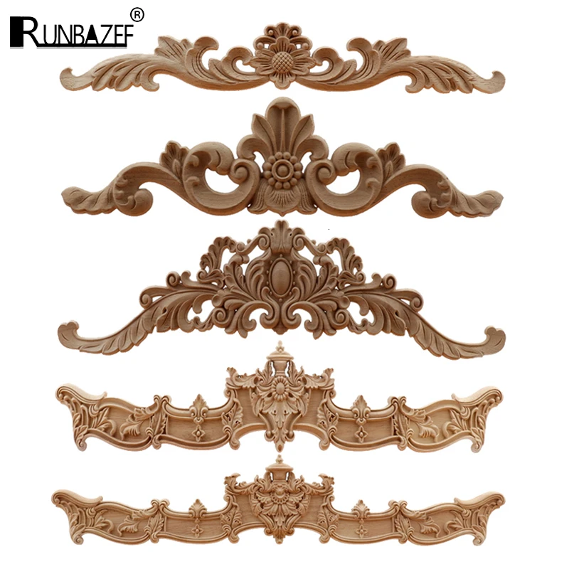 RUNBAZEF  European Wood Carving Home Wholesale Multi-specification Door Cabinets Wood Applique Decoration Long Decals Natural