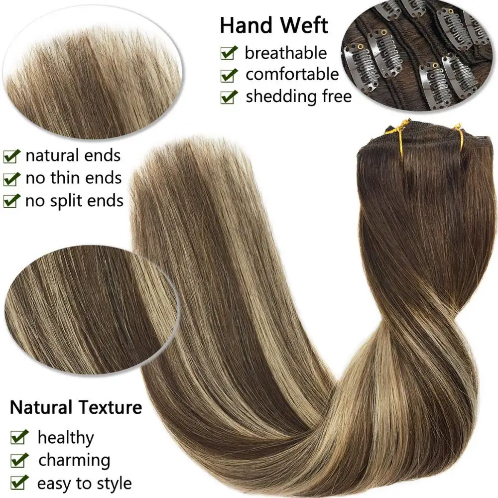 Extensiones de cabello humano Remy con Clip de cabeza completa extensiones de cabello liso de color negro a marrón claro rubio miel Ombre 120g
